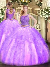 Lavender Sleeveless Tulle Lace Up Quinceanera Dress for Military Ball and Sweet 16 and Quinceanera
