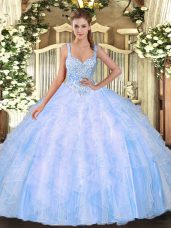 Fabulous Floor Length Lace Up 15 Quinceanera Dress Light Blue for Military Ball and Sweet 16 and Quinceanera with Beading