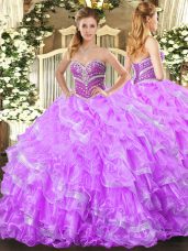 Romantic Sweetheart Sleeveless 15 Quinceanera Dress Floor Length Beading and Ruffled Layers Lilac Organza