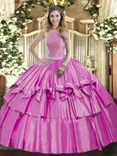Ideal Sleeveless Organza and Taffeta Floor Length Lace Up Quince Ball Gowns in Lilac with Beading and Ruffled Layers