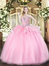 Beading 15 Quinceanera Dress Pink Lace Up Sleeveless Floor Length