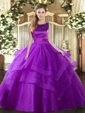 Popular Scoop Sleeveless Sweet 16 Dresses Floor Length Ruffled Layers Eggplant Purple Tulle