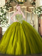 Great Olive Green Ball Gowns Sweetheart Sleeveless Tulle Floor Length Lace Up Beading 15 Quinceanera Dress