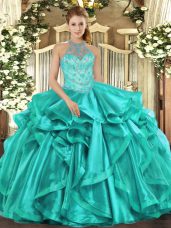 Top Selling Turquoise Sleeveless Organza Lace Up 15 Quinceanera Dress for Military Ball and Sweet 16 and Quinceanera