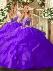 Purple Tulle Lace Up Quinceanera Dresses Sleeveless Floor Length Beading and Ruffles