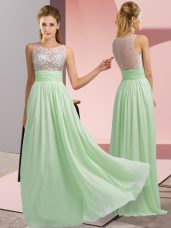 Dramatic Scoop Sleeveless Prom Dress Floor Length Beading Apple Green Chiffon