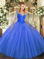 Floor Length Lace Up Quince Ball Gowns Blue for Military Ball and Sweet 16 and Quinceanera with Lace