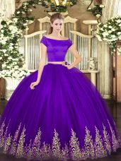Glorious Floor Length Purple Quinceanera Gown Tulle Short Sleeves Appliques