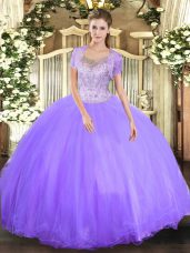 Trendy Floor Length Clasp Handle 15 Quinceanera Dress Lavender for Military Ball and Sweet 16 and Quinceanera with Beading