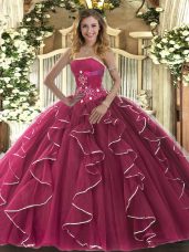 Dramatic Tulle Strapless Sleeveless Lace Up Beading and Ruffles Sweet 16 Quinceanera Dress in Fuchsia