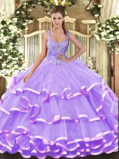 Best Lavender Lace Up 15th Birthday Dress Beading and Ruffled Layers Sleeveless Floor Length