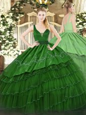 Unique Dark Green Ball Gowns Straps Sleeveless Organza and Taffeta Floor Length Zipper Beading and Embroidery and Ruffled Layers Quince Ball Gowns