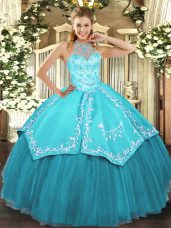 Elegant Aqua Blue Halter Top Lace Up Beading and Embroidery Vestidos de Quinceanera Sleeveless