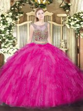 Modern Scoop Sleeveless Quinceanera Gowns Floor Length Beading and Ruffles Hot Pink Tulle