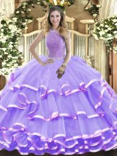 Comfortable Floor Length Lavender Quinceanera Gown Organza Sleeveless Beading and Ruffled Layers