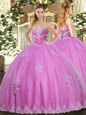 Rose Pink Sleeveless Floor Length Beading and Appliques Lace Up Ball Gown Prom Dress