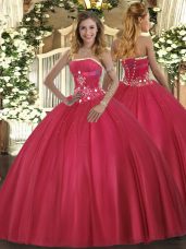 Red Ball Gowns Beading Quinceanera Dresses Lace Up Tulle Sleeveless Floor Length