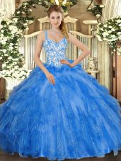 Gorgeous Ball Gowns Quinceanera Dress Blue Straps Organza Sleeveless Floor Length Lace Up