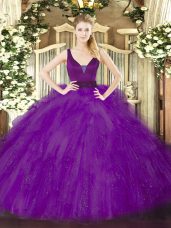 Best Beading and Ruffles 15th Birthday Dress Purple Zipper Sleeveless Floor Length