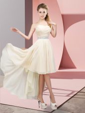 Beading Prom Dress Champagne Lace Up Sleeveless High Low