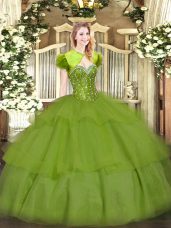 Flirting Olive Green Lace Up 15 Quinceanera Dress Beading and Ruffled Layers Sleeveless Floor Length