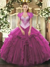 Nice Beading Sweet 16 Dress Fuchsia Lace Up Sleeveless Floor Length