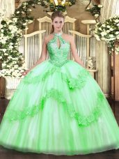 Captivating Floor Length Apple Green Quince Ball Gowns Halter Top Sleeveless Lace Up