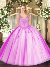 Colorful Floor Length Lace Up Quinceanera Gown Lilac for Military Ball and Sweet 16 and Quinceanera with Beading