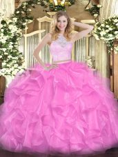 Rose Pink Zipper Scoop Lace and Ruffles Quinceanera Gowns Organza Sleeveless