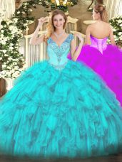 Custom Made V-neck Sleeveless Organza Quinceanera Gowns Beading and Ruffles Lace Up