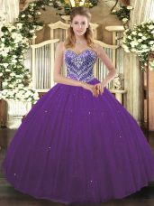 Sweetheart Sleeveless Sweet 16 Quinceanera Dress Floor Length Beading Purple Tulle
