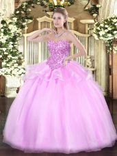 Lilac Sleeveless Organza Lace Up Quince Ball Gowns for Sweet 16 and Quinceanera