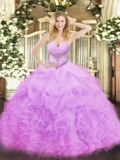 Lilac Sleeveless Floor Length Beading and Ruffles and Pick Ups Lace Up Quinceanera Gowns