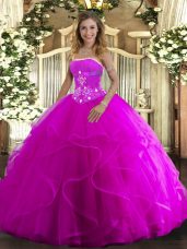 Strapless Sleeveless Lace Up 15 Quinceanera Dress Fuchsia Tulle