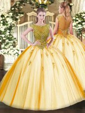 Gold Cap Sleeves Beading Floor Length Sweet 16 Quinceanera Dress