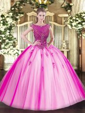 Floor Length Fuchsia Quinceanera Dress Tulle Cap Sleeves Beading and Appliques