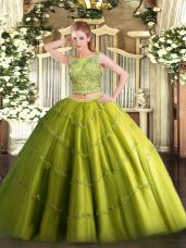 Latest Olive Green Two Pieces Tulle Scoop Sleeveless Beading and Appliques Floor Length Lace Up Sweet 16 Dress