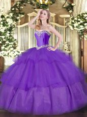 Ideal Sleeveless Tulle Floor Length Lace Up Sweet 16 Quinceanera Dress in Lavender with Beading and Ruffled Layers