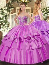 Beautiful Sleeveless Organza and Taffeta Floor Length Lace Up 15th Birthday Dress in Lilac with Beading and Ruffled Layers