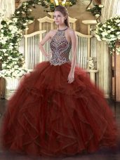Ball Gowns Quinceanera Gown Rust Red Halter Top Organza Sleeveless Floor Length Lace Up
