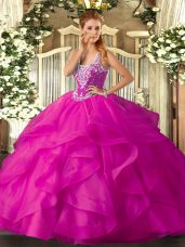 Stylish Fuchsia Ball Gowns Tulle Straps Sleeveless Beading and Ruffles Floor Length Lace Up Quinceanera Gown