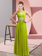 Yellow Green Empire V-neck Sleeveless Chiffon Floor Length Lace Up Beading Custom Made