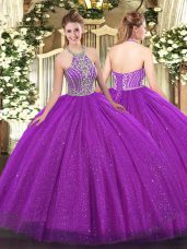 Sleeveless Floor Length Beading Lace Up Sweet 16 Dress with Fuchsia