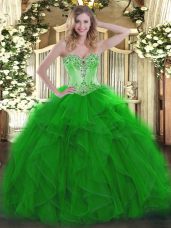Pretty Sleeveless Organza Floor Length Lace Up Quinceanera Dresses in Green with Beading and Ruffles