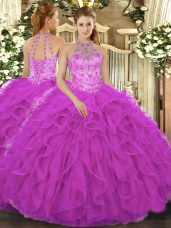 Glamorous Sleeveless Lace Up Floor Length Beading and Embroidery and Ruffles 15th Birthday Dress