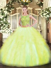 Fabulous Sleeveless Tulle Floor Length Lace Up Sweet 16 Dress in Yellow Green with Beading and Ruffles