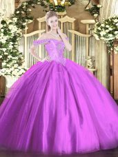 Custom Designed Lilac Ball Gowns Beading Sweet 16 Dresses Lace Up Tulle Sleeveless Floor Length