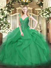 Spectacular Sleeveless Tulle Floor Length Lace Up Quince Ball Gowns in Turquoise with Beading and Ruffles