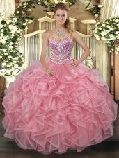 Pink Tulle Lace Up Sweetheart Sleeveless Floor Length Quince Ball Gowns Beading