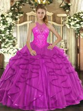 Fuchsia Organza Lace Up High-neck Sleeveless Floor Length Sweet 16 Dress Beading and Ruffles